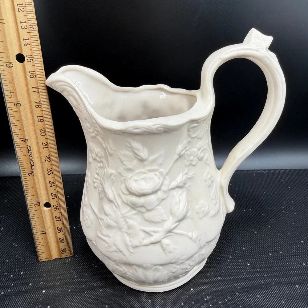 Vintage‎ M Bennett 1974 Embossed Rose Floral Ceramic Pitcher Cream White Signed